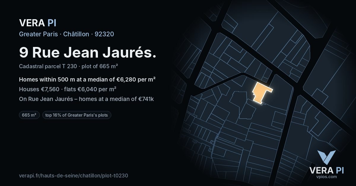 9 Rue Jean Jaurés, Châtillon at night – the plot lit, the parcels around coloured by the prices near them