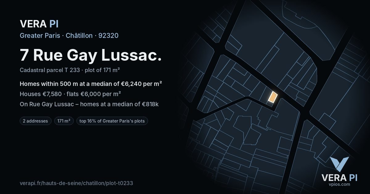 7 Rue Gay Lussac, Châtillon at night – the plot lit, the parcels around coloured by the prices near them