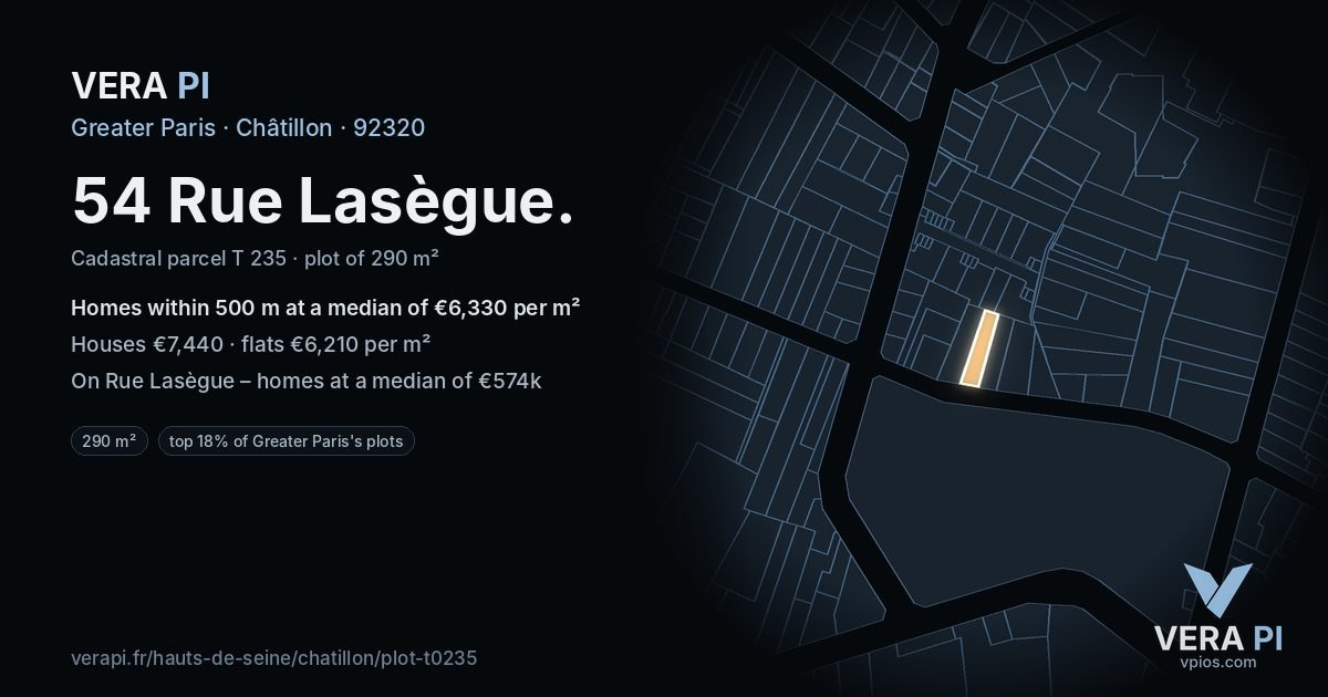 54 Rue Lasègue, Châtillon at night – the plot lit, the parcels around coloured by the prices near them