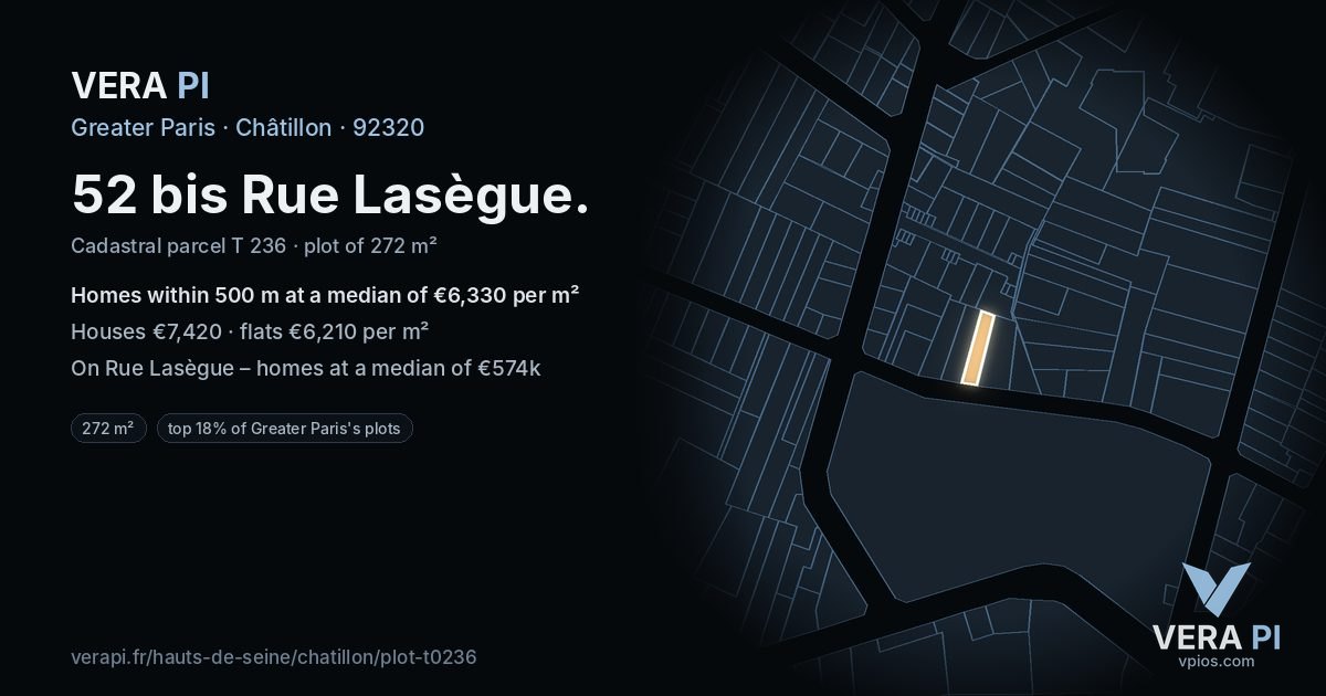 52 bis Rue Lasègue, Châtillon at night – the plot lit, the parcels around coloured by the prices near them
