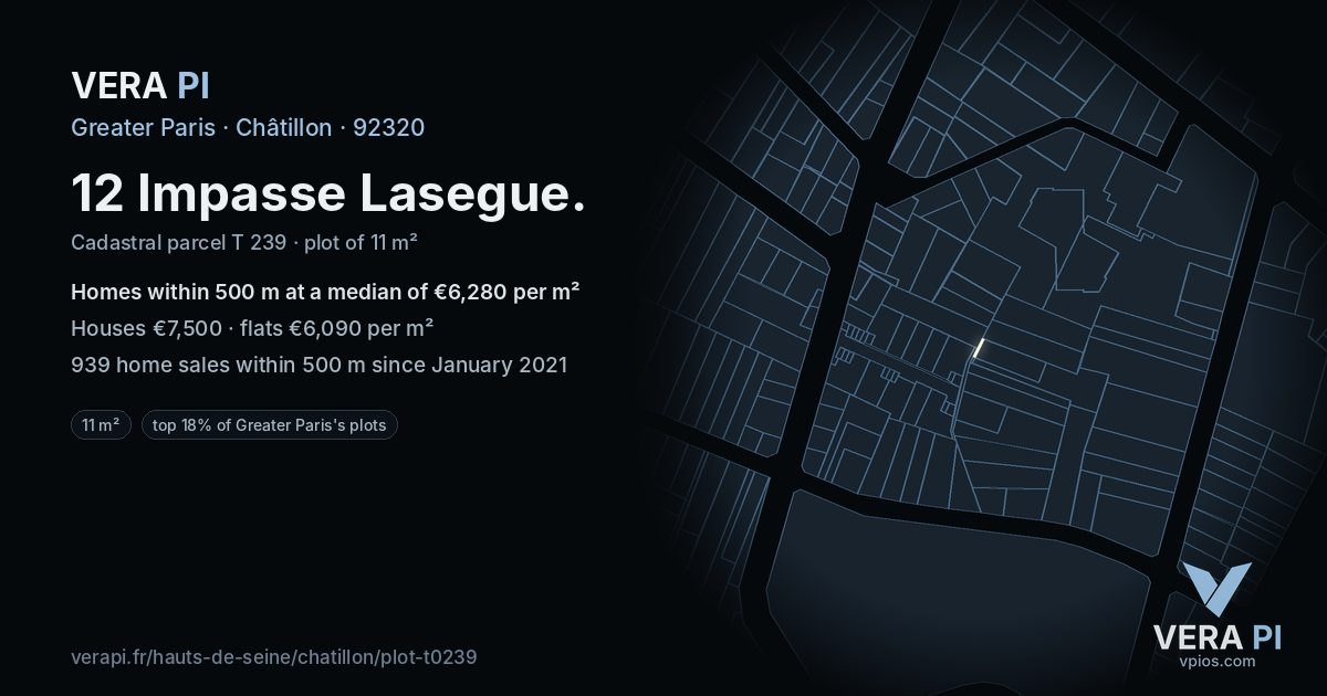 12 Impasse Lasegue, Châtillon at night – the plot lit, the parcels around coloured by the prices near them