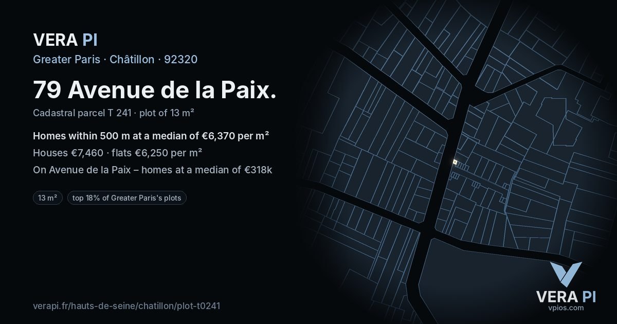 79 Avenue de la Paix, Châtillon at night – the plot lit, the parcels around coloured by the prices near them
