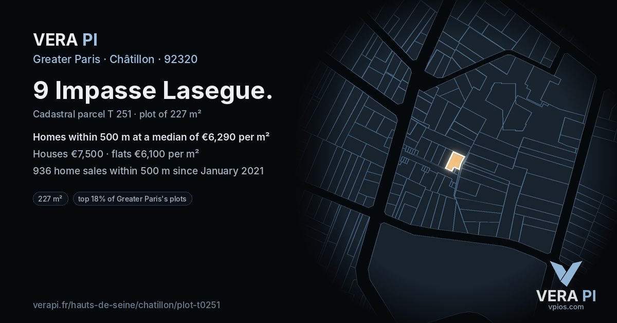 9 Impasse Lasegue, Châtillon at night – the plot lit, the parcels around coloured by the prices near them
