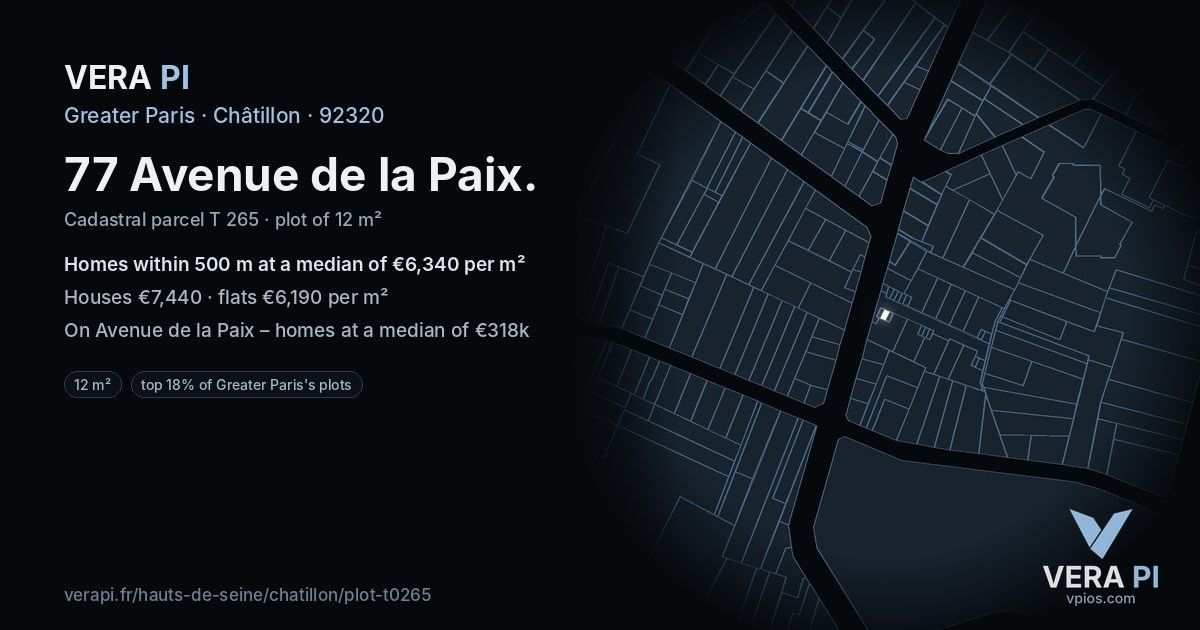 77 Avenue de la Paix, Châtillon at night – the plot lit, the parcels around coloured by the prices near them