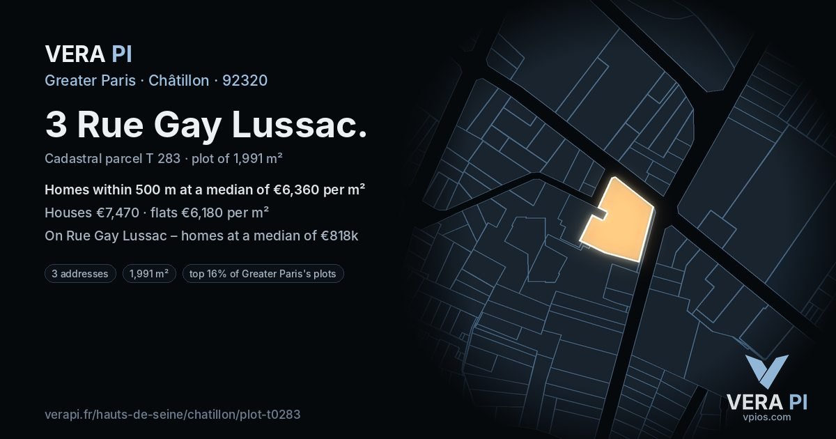 3 Rue Gay Lussac, Châtillon at night – the plot lit, the parcels around coloured by the prices near them