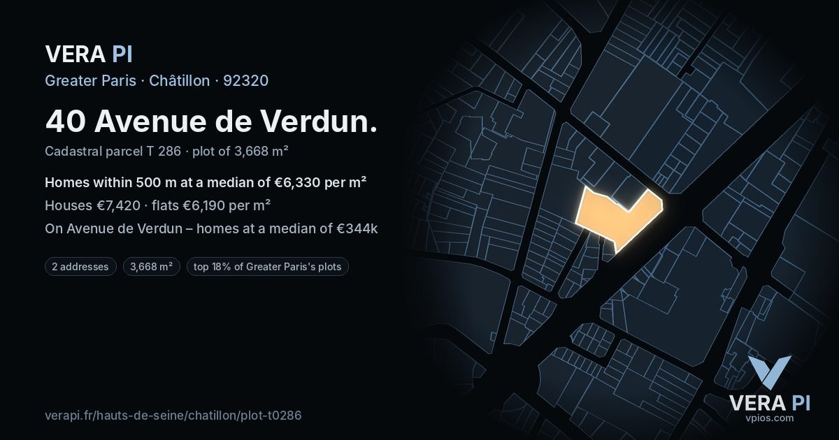 40 Avenue de Verdun, Châtillon at night – the plot lit, the parcels around coloured by the prices near them