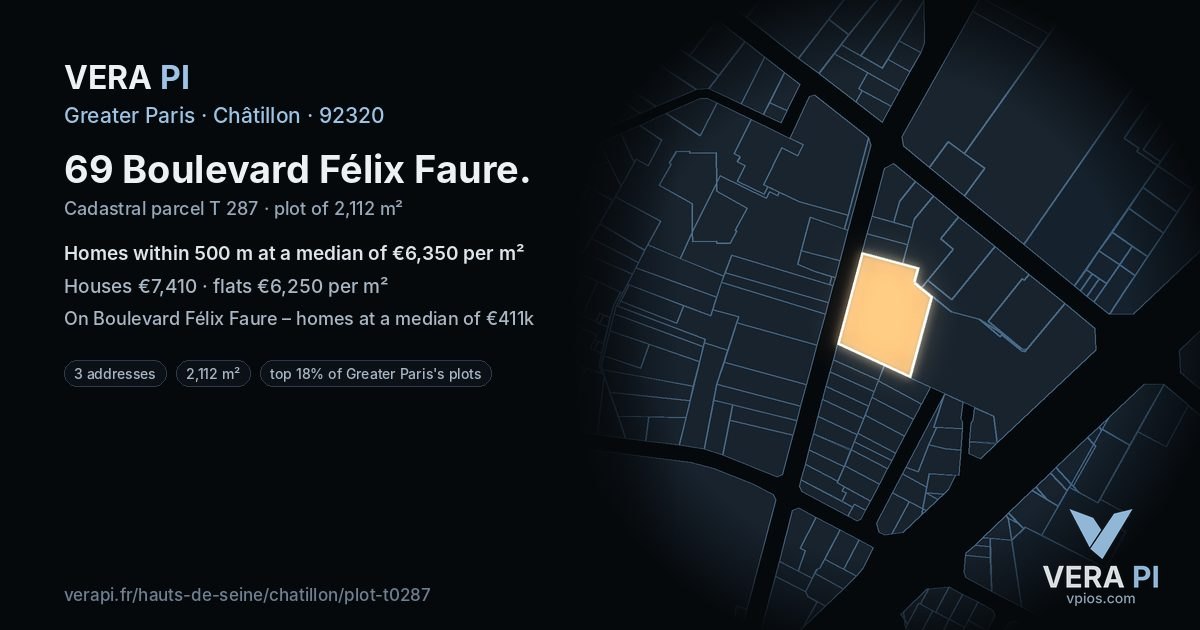 69 Boulevard Félix Faure, Châtillon at night – the plot lit, the parcels around coloured by the prices near them