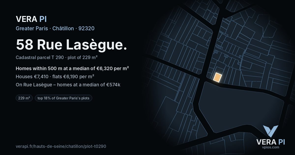 58 Rue Lasègue, Châtillon at night – the plot lit, the parcels around coloured by the prices near them