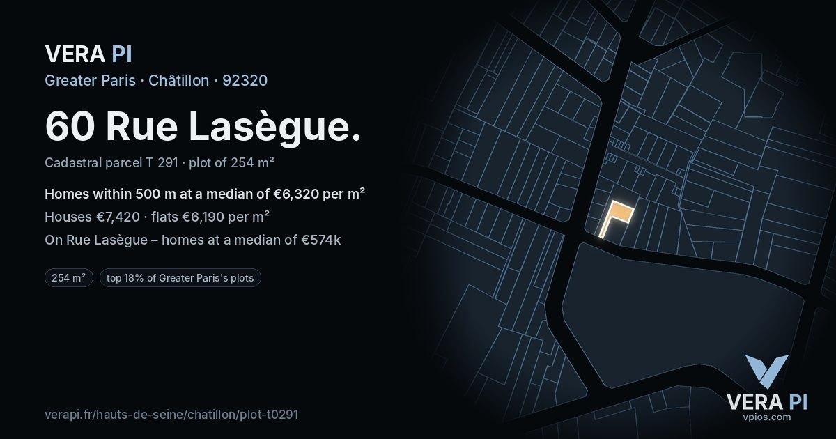 60 Rue Lasègue, Châtillon at night – the plot lit, the parcels around coloured by the prices near them