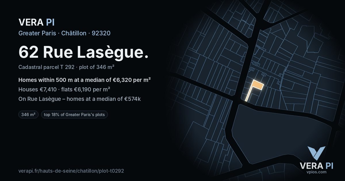 62 Rue Lasègue, Châtillon at night – the plot lit, the parcels around coloured by the prices near them
