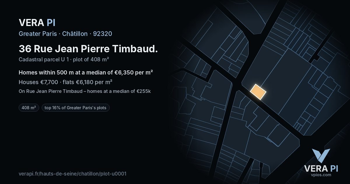 36 Rue Jean Pierre Timbaud, Châtillon at night – the plot lit, the parcels around coloured by the prices near them