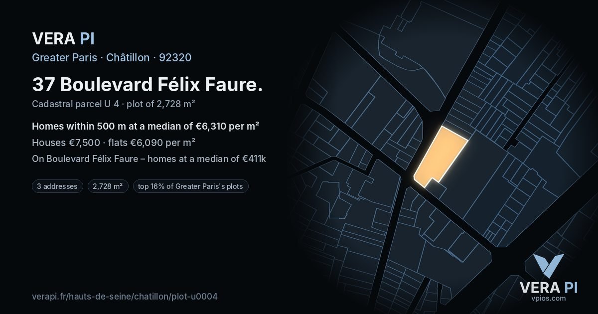 37 Boulevard Félix Faure, Châtillon at night – the plot lit, the parcels around coloured by the prices near them