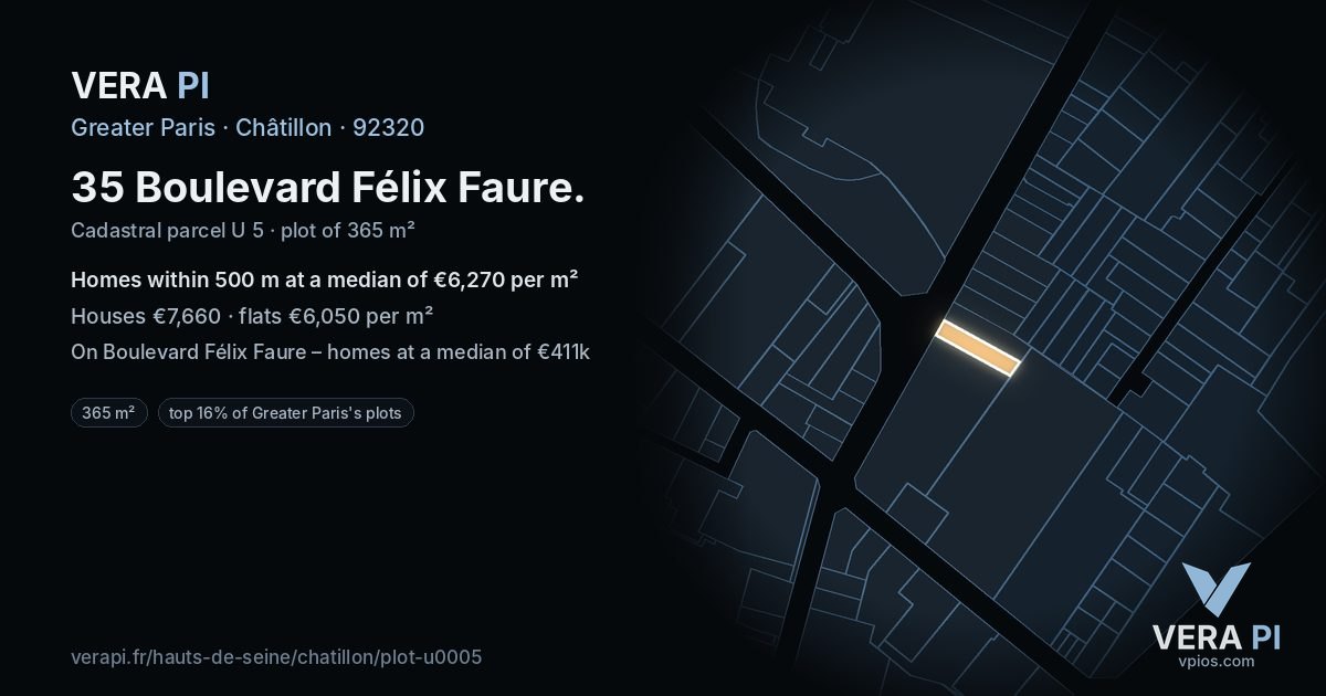 35 Boulevard Félix Faure, Châtillon at night – the plot lit, the parcels around coloured by the prices near them