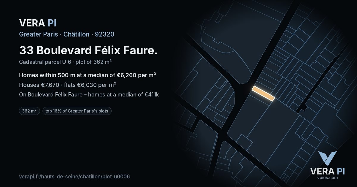 33 Boulevard Félix Faure, Châtillon at night – the plot lit, the parcels around coloured by the prices near them