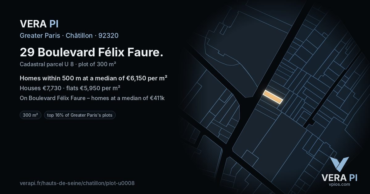 29 Boulevard Félix Faure, Châtillon at night – the plot lit, the parcels around coloured by the prices near them