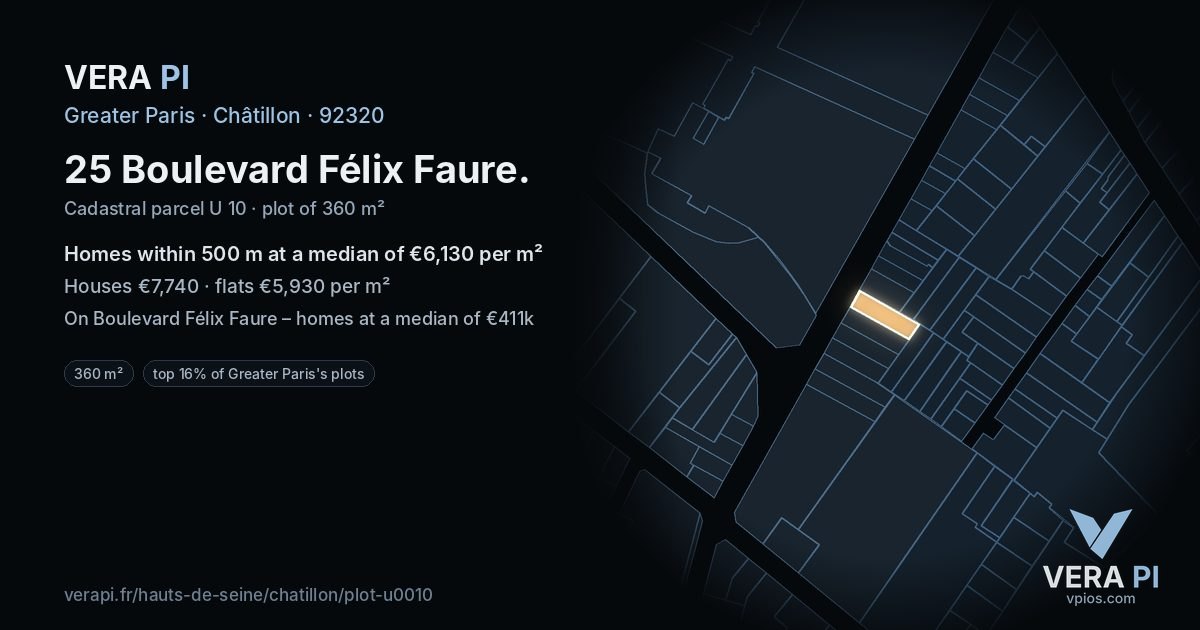 25 Boulevard Félix Faure, Châtillon at night – the plot lit, the parcels around coloured by the prices near them