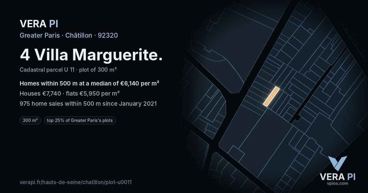 4 Villa Marguerite, Châtillon at night – the plot lit, the parcels around coloured by the prices near them