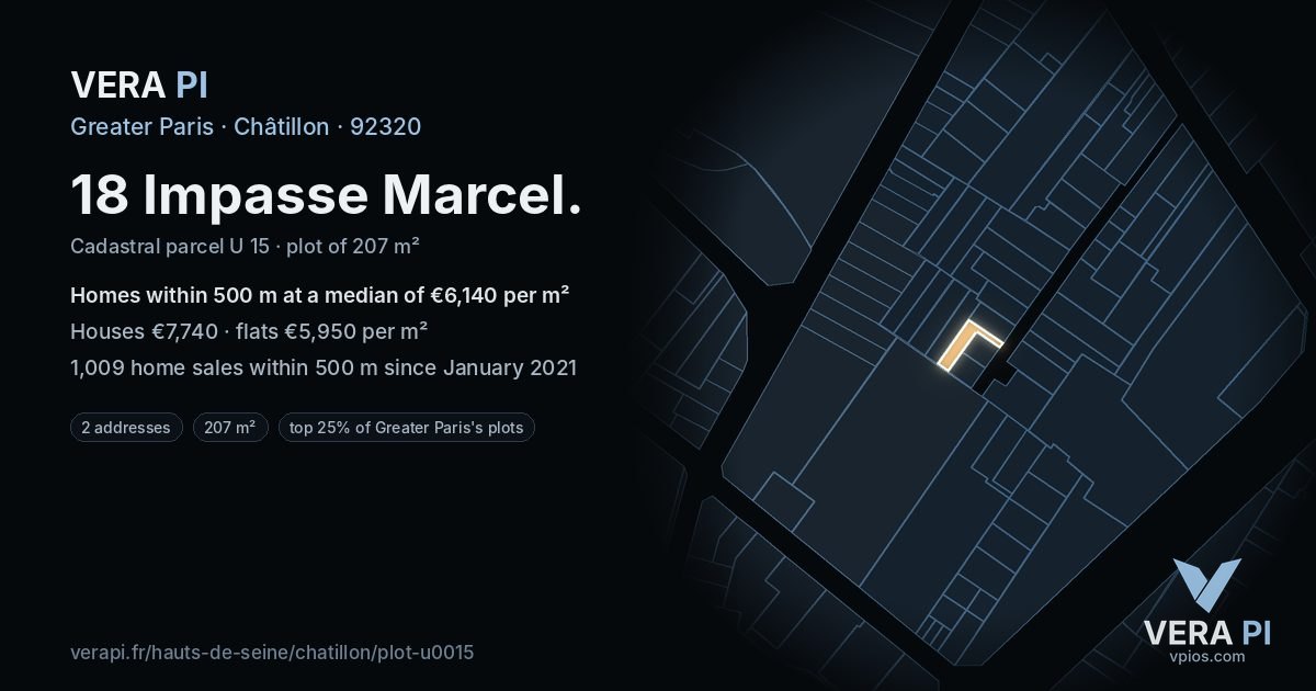 18 Impasse Marcel, Châtillon at night – the plot lit, the parcels around coloured by the prices near them