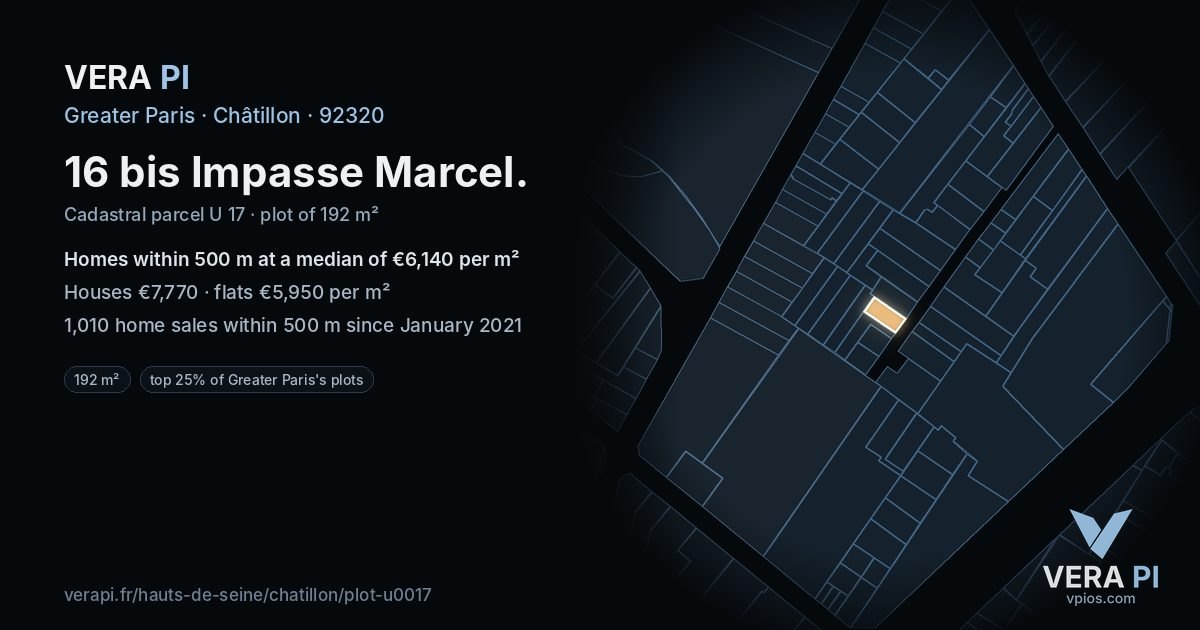 16 bis Impasse Marcel, Châtillon at night – the plot lit, the parcels around coloured by the prices near them