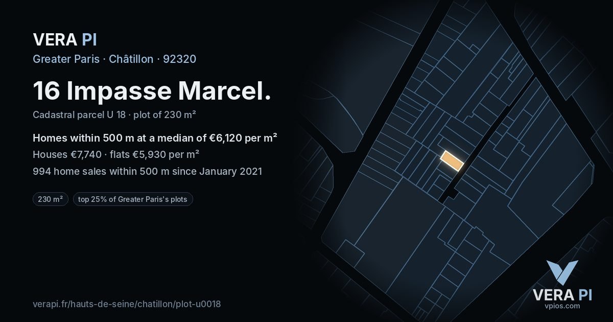 16 Impasse Marcel, Châtillon at night – the plot lit, the parcels around coloured by the prices near them