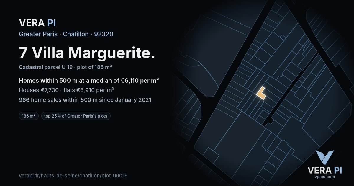 7 Villa Marguerite, Châtillon at night – the plot lit, the parcels around coloured by the prices near them