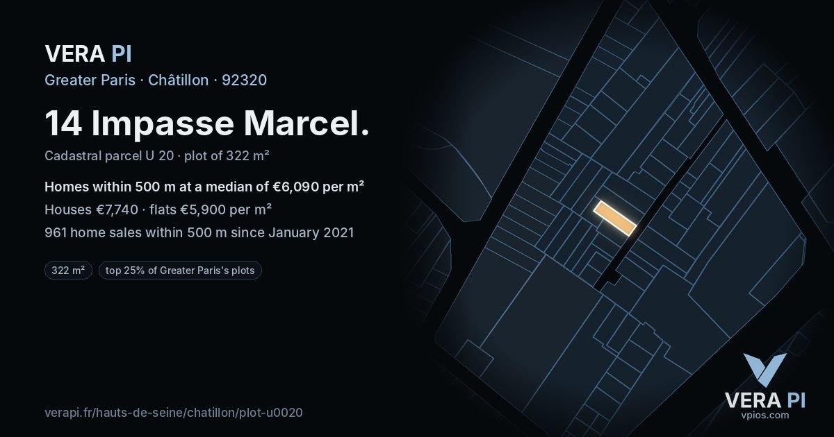 14 Impasse Marcel, Châtillon at night – the plot lit, the parcels around coloured by the prices near them