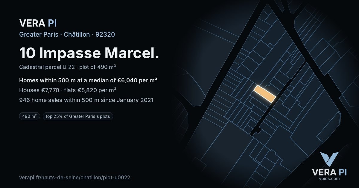 10 Impasse Marcel, Châtillon at night – the plot lit, the parcels around coloured by the prices near them