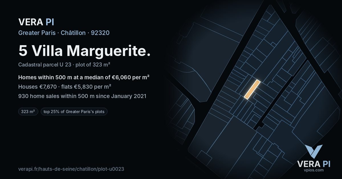 5 Villa Marguerite, Châtillon at night – the plot lit, the parcels around coloured by the prices near them