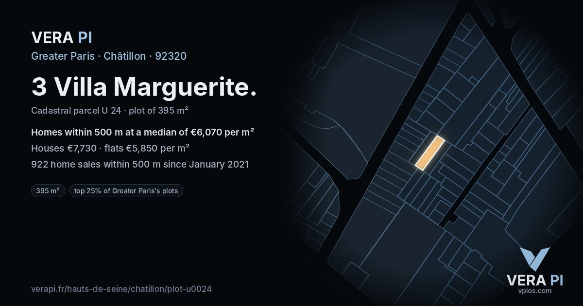 3 Villa Marguerite, Châtillon at night – the plot lit, the parcels around coloured by the prices near them