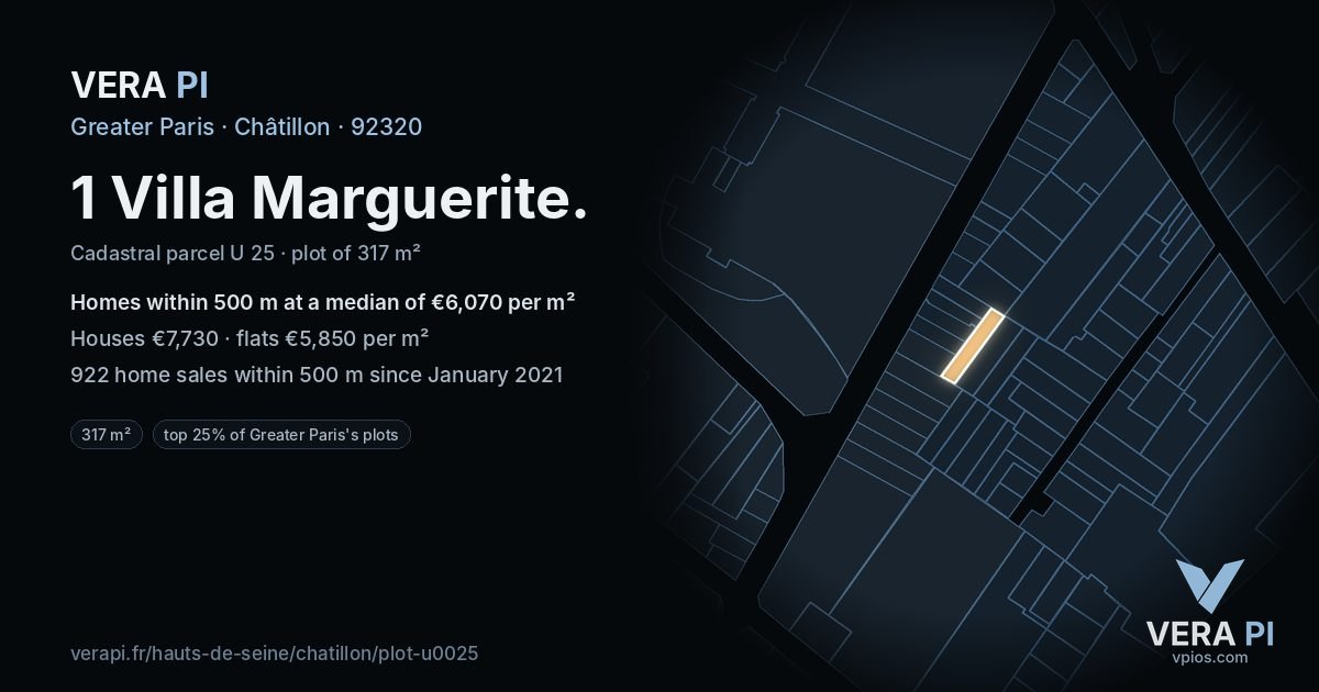 1 Villa Marguerite, Châtillon at night – the plot lit, the parcels around coloured by the prices near them
