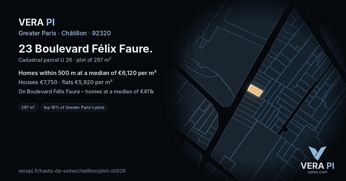 23 Boulevard Félix Faure, Châtillon at night – the plot lit, the parcels around coloured by the prices near them