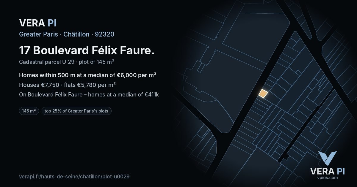 17 Boulevard Félix Faure, Châtillon at night – the plot lit, the parcels around coloured by the prices near them