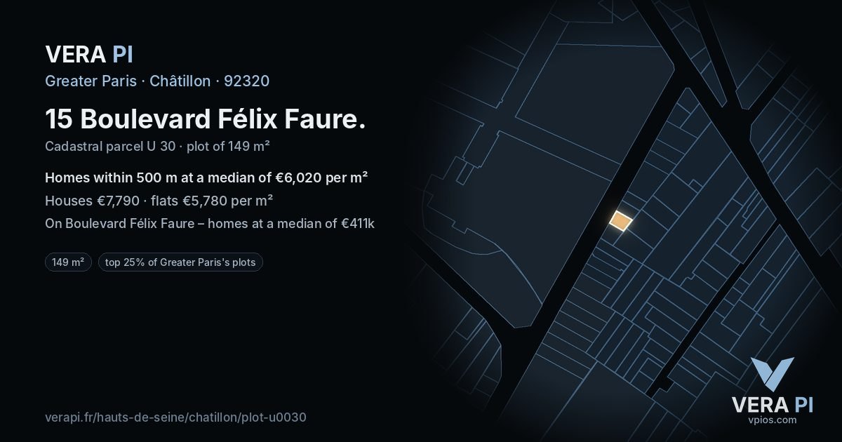 15 Boulevard Félix Faure, Châtillon at night – the plot lit, the parcels around coloured by the prices near them