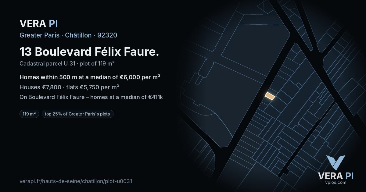 13 Boulevard Félix Faure, Châtillon at night – the plot lit, the parcels around coloured by the prices near them