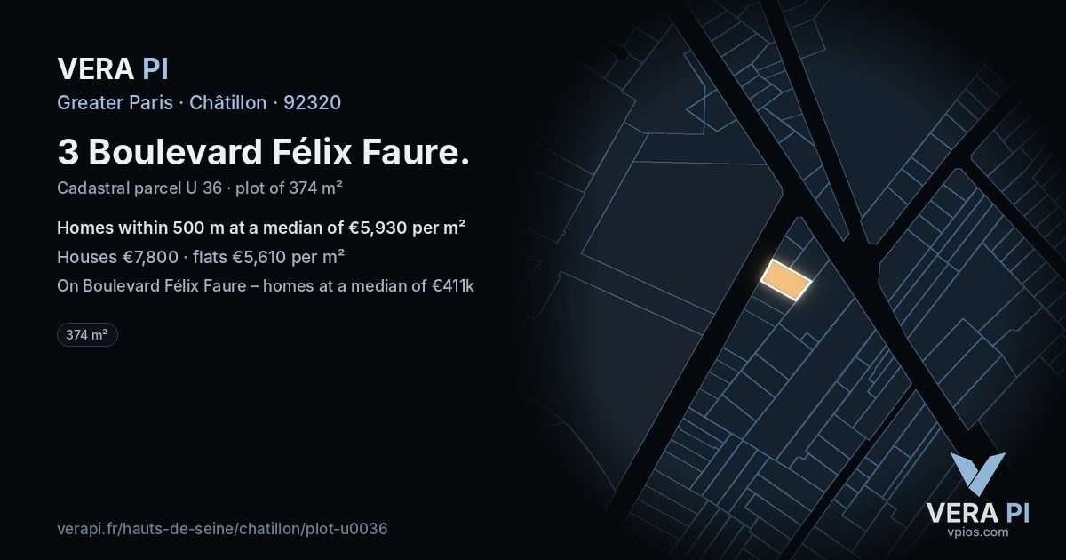 3 Boulevard Félix Faure, Châtillon at night – the plot lit, the parcels around coloured by the prices near them