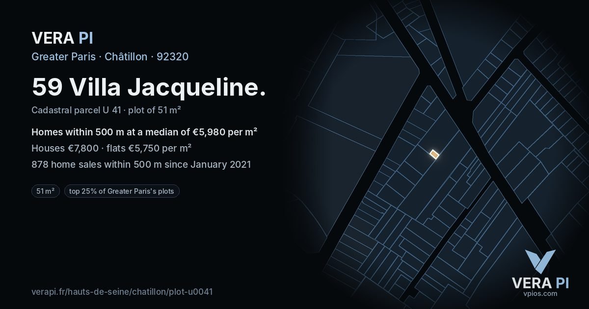59 Villa Jacqueline, Châtillon at night – the plot lit, the parcels around coloured by the prices near them