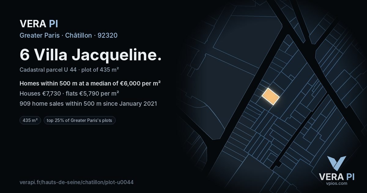 6 Villa Jacqueline, Châtillon at night – the plot lit, the parcels around coloured by the prices near them