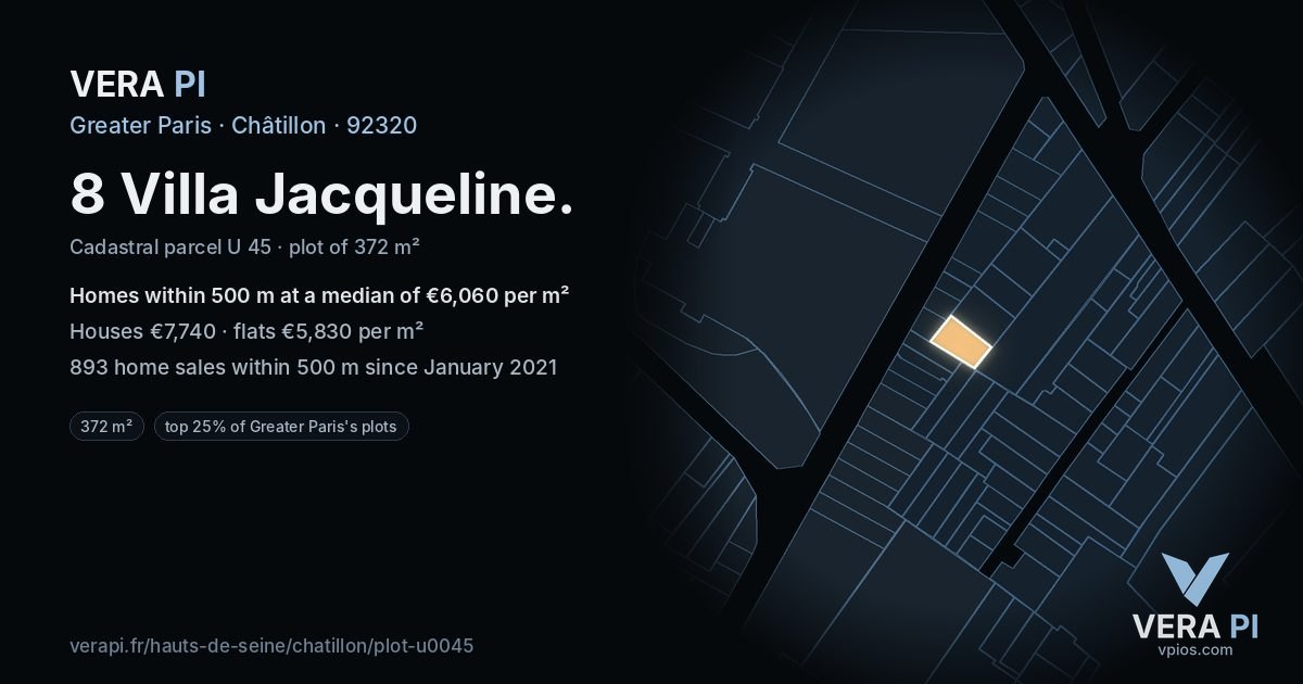 8 Villa Jacqueline, Châtillon at night – the plot lit, the parcels around coloured by the prices near them