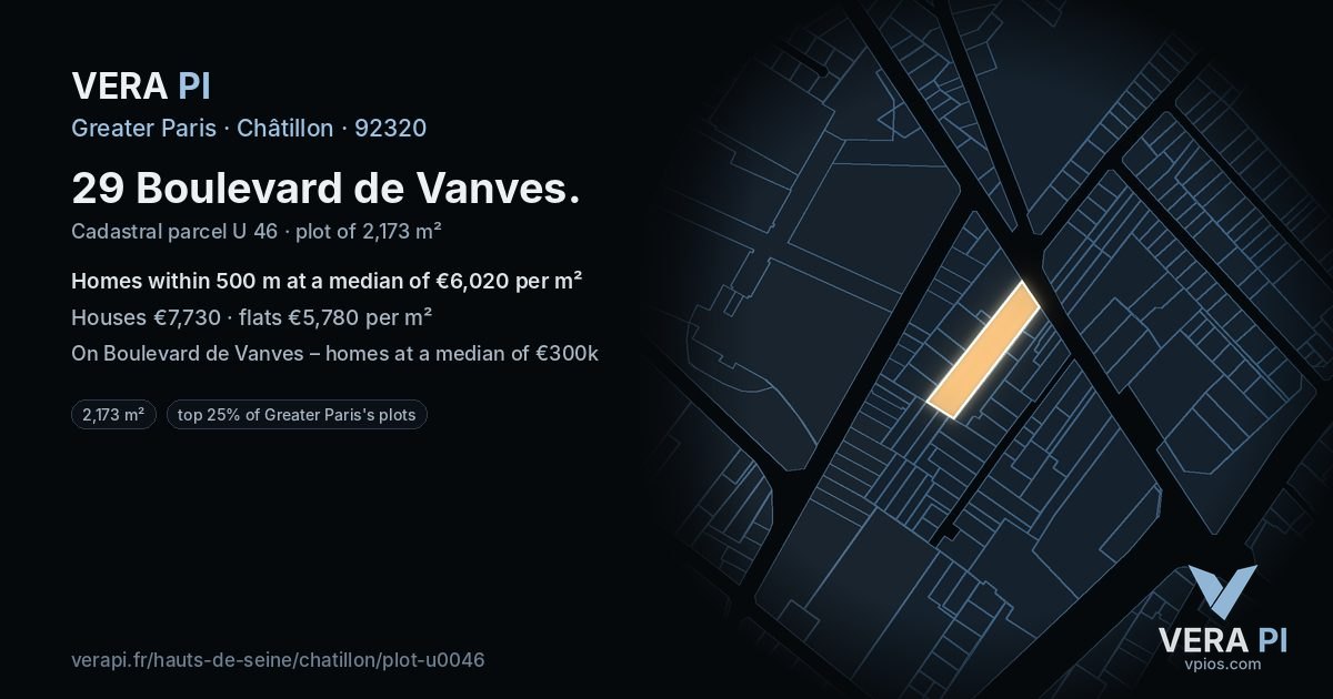 29 Boulevard de Vanves, Châtillon at night – the plot lit, the parcels around coloured by the prices near them
