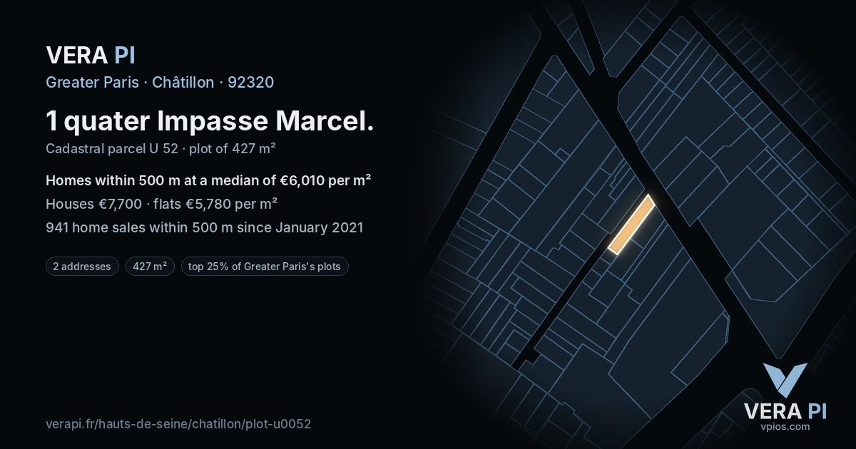 1 quater Impasse Marcel, Châtillon at night – the plot lit, the parcels around coloured by the prices near them