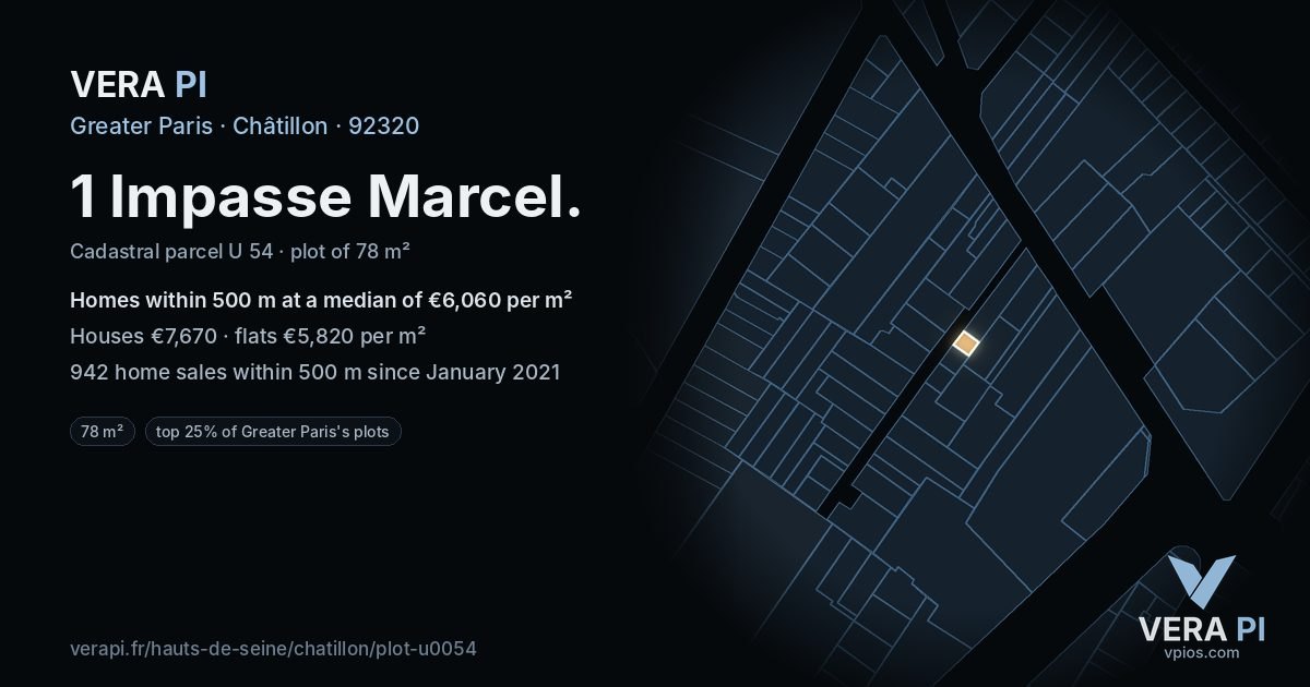 1 Impasse Marcel, Châtillon at night – the plot lit, the parcels around coloured by the prices near them
