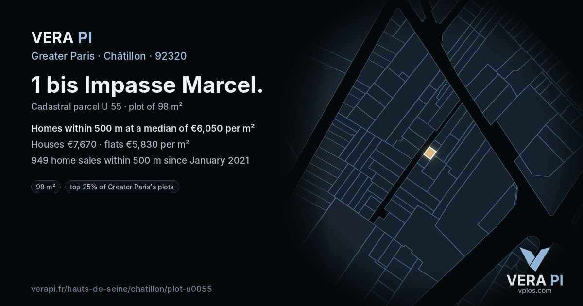 1 bis Impasse Marcel, Châtillon at night – the plot lit, the parcels around coloured by the prices near them