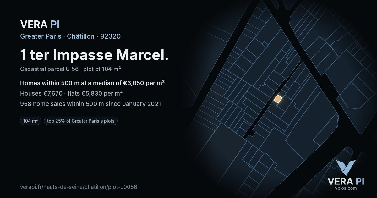 1 ter Impasse Marcel, Châtillon at night – the plot lit, the parcels around coloured by the prices near them