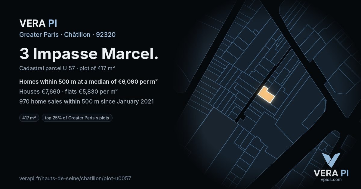 3 Impasse Marcel, Châtillon at night – the plot lit, the parcels around coloured by the prices near them