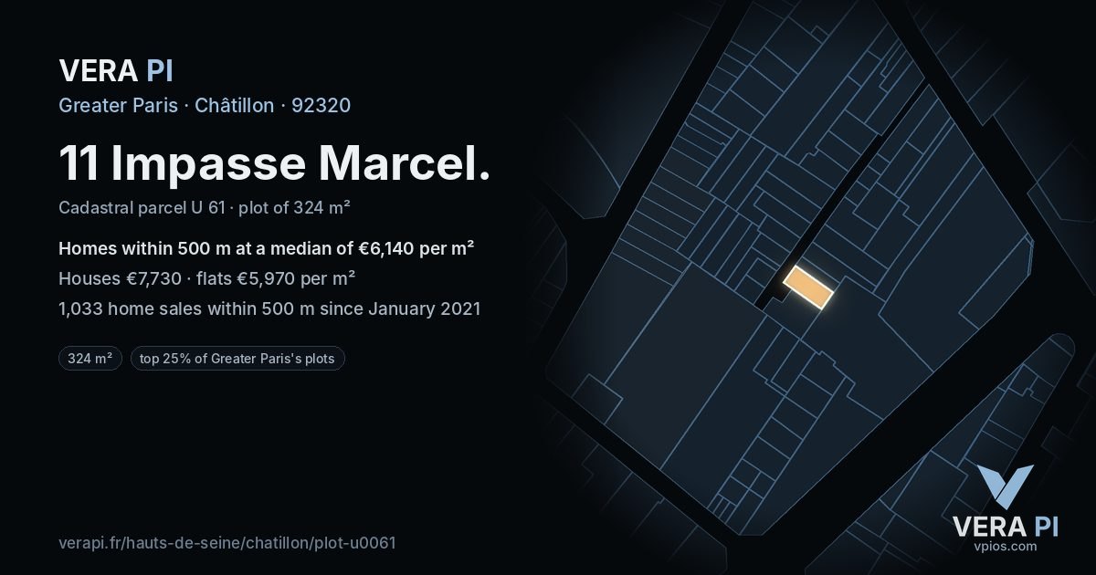 11 Impasse Marcel, Châtillon at night – the plot lit, the parcels around coloured by the prices near them