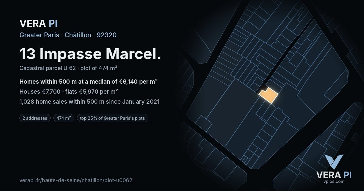 13 Impasse Marcel, Châtillon at night – the plot lit, the parcels around coloured by the prices near them