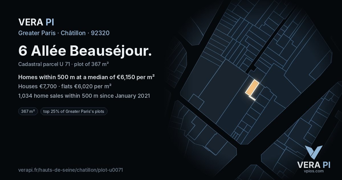 6 Allée Beauséjour, Châtillon at night – the plot lit, the parcels around coloured by the prices near them