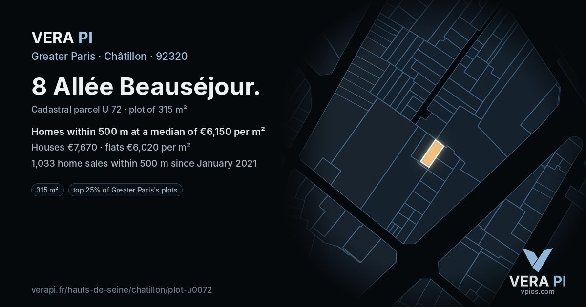 8 Allée Beauséjour, Châtillon at night – the plot lit, the parcels around coloured by the prices near them