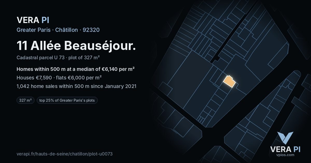 11 Allée Beauséjour, Châtillon at night – the plot lit, the parcels around coloured by the prices near them