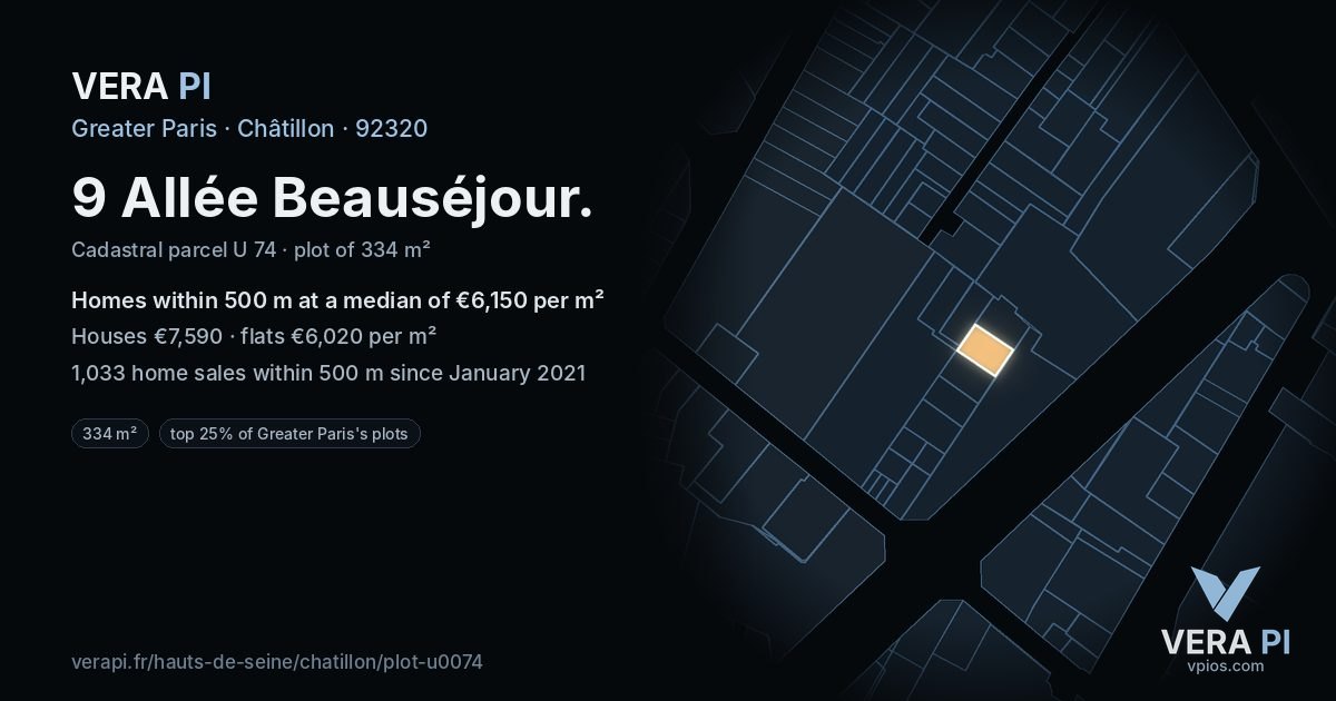 9 Allée Beauséjour, Châtillon at night – the plot lit, the parcels around coloured by the prices near them